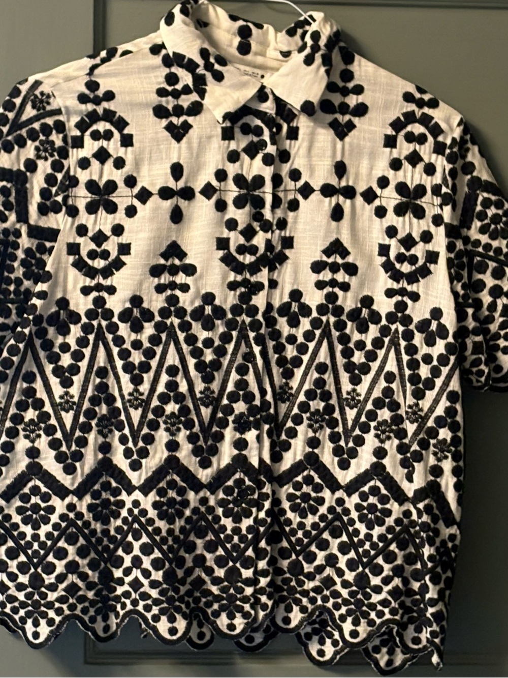 Zara Black & White Embroidered Short-Sleeve Shirt